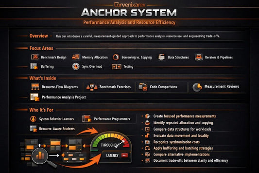 An infographic-style product page for the Turfenix Anchor System, featuring a dark background with orange and white text, icons, and a small performance diagram with a throughput/lateness gauge.