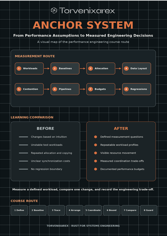 An infographic poster titled 'ANCHOR SYSTEM' by Torenixcare, featuring a dark grid background with orange and white text and diagrams outlining measurement routes, learning comparison before and after, and a course route.