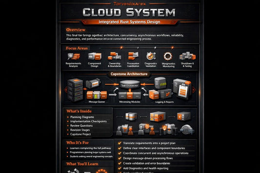 A digital infographic poster for Torenixaex Cloud System Integrated Rust Systems Design, featuring various diagrams, icons, and text blocks on a dark background.