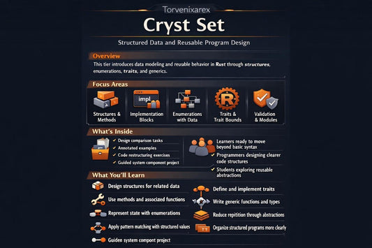 A digital slide or poster for 'Torvenixarex Cryst Set' featuring a dark background with various colorful icons and text blocks detailing a structured data and reusable program design curriculum.