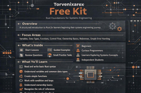 Promotional graphic for the Torvenixarex Free Kit, a Rust Foundations for Systems Engineering curriculum resource. The design features a dark gray and black background with circuit board patterns, orange accents, and white text detailing the overview, focus areas, what's inside, and what students will learn.