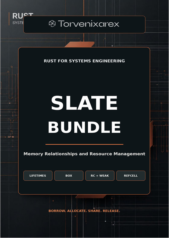 Digital cover graphic for the 'Rust Slate Bundle' by Torvenixcrex, featuring a dark slate gray background with technical circuit-like line patterns, a central dark slate card with white text, and four small feature badges at the bottom.