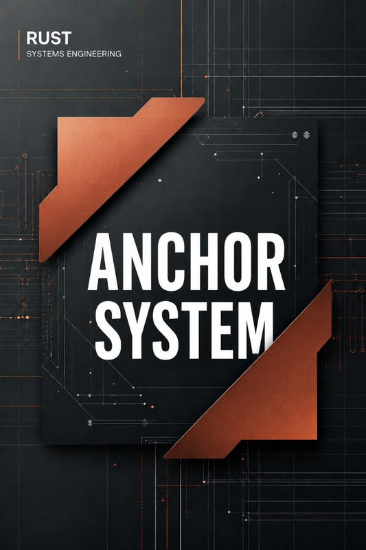 A digital cover graphic for 'Anchor System' by Rust Systems Engineering, featuring bold white text on a dark panel with metallic copper-colored geometric accents on a dark technical blueprint background.
