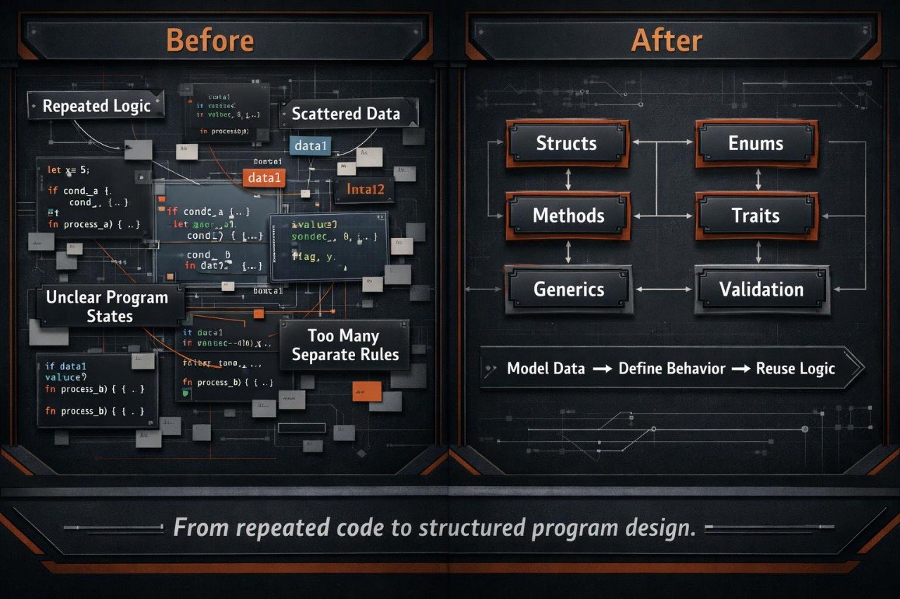 A digital infographic comparing 'Before' and 'After' software design approaches. The left 'Before' panel shows tangled, messy code snippets with labels like 'Repeated Logic' and 'Scattered Data' on a dark background.
