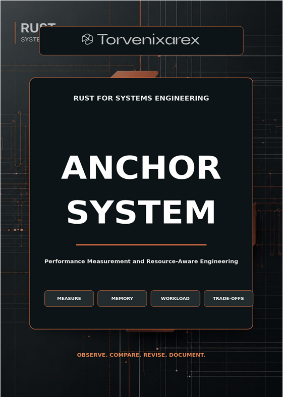 A digital cover graphic for the 'Anchor System' by Torvenixcarex, featuring a dark navy and black background with white and orange text and technical circuit-like line art.
