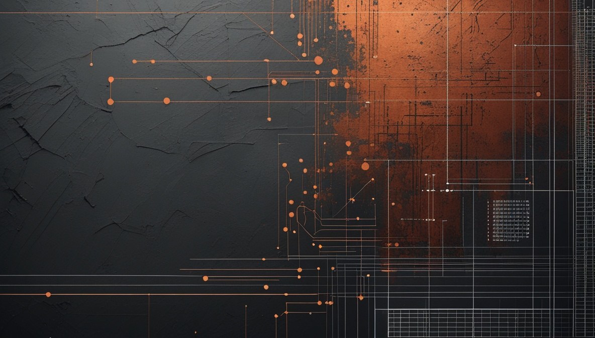 Abstract digital background featuring a dark textured surface on the left and a glowing copper-orange illuminated section on the right, overlaid with fine grid lines and small glowing orange dots.