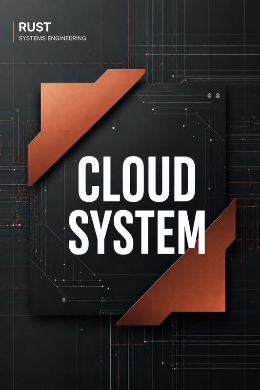 A digital cover design for a Rust Systems Engineering course or resource titled 'CLOUD SYSTEM'. The design features a dark gray central card with bold white text, accented by metallic copper-orange geometric shapes on a dark background with circuit board lines.