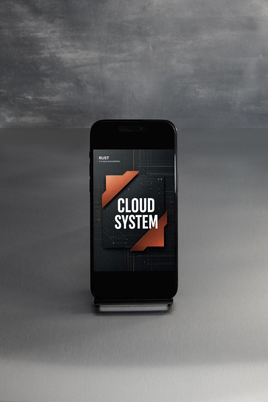 A black smartphone on a small display stand, showing a digital interface with the words 'CLOUD SYSTEM' and a small 'RUST' logo, set against a dark gray textured background.