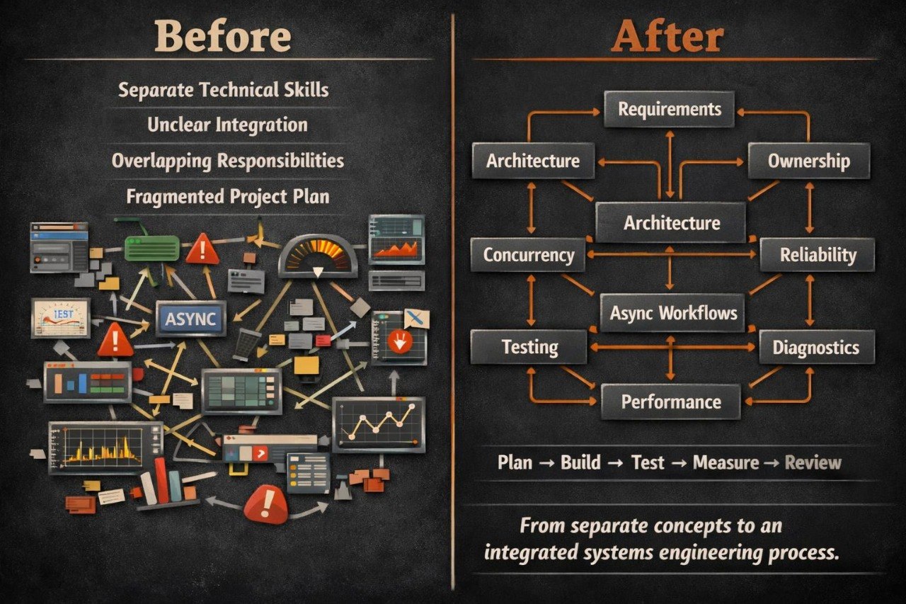 A digital infographic comparing 'Before' and 'After' states of systems engineering, presented on a dark chalkboard background. The left side, labeled 'Before', shows a cluttered, messy diagram with various tech icons, warning signs, and text like 'Separate Technical Skills' and 'Fragmented Project Plan'.