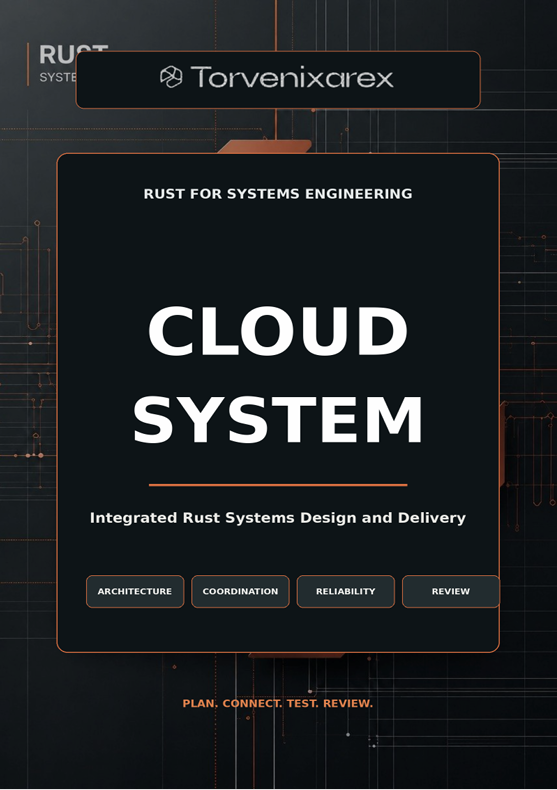 A digital cover graphic for 'Cloud System' by Torvenixcarex, featuring a dark charcoal background with subtle circuit board lines, a central black card with white text, and a top banner for 'Rust for Systems Engineering'.