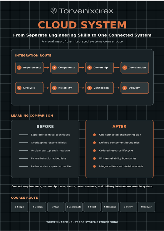 An infographic poster titled 'CLOUD SYSTEM' by Torvenixcrex, featuring a dark grid background with orange and white text and diagrams outlining integration routes, learning comparison, and course route steps.
