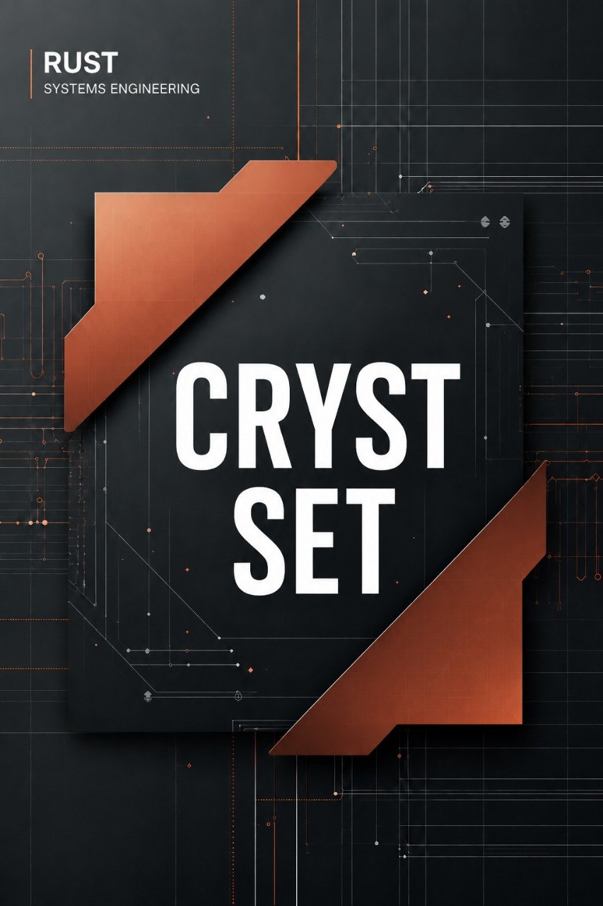 A digital cover graphic for 'CRYST SET' by RUST Systems Engineering, featuring bold white text on a dark gray panel with metallic copper-orange geometric corner accents, set against a dark background with circuit board lines.