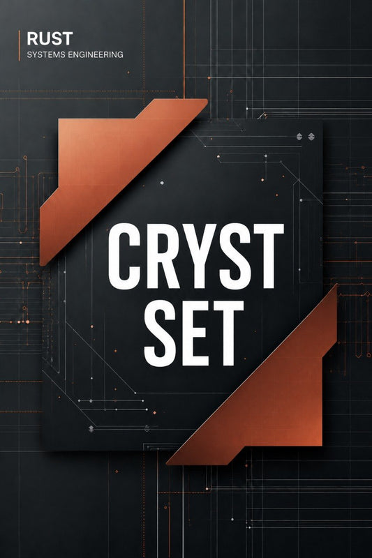 A digital cover graphic for 'CRYST SET' by RUST Systems Engineering, featuring bold white text on a dark gray panel with metallic copper-orange geometric corner accents, set against a dark background with circuit board lines.