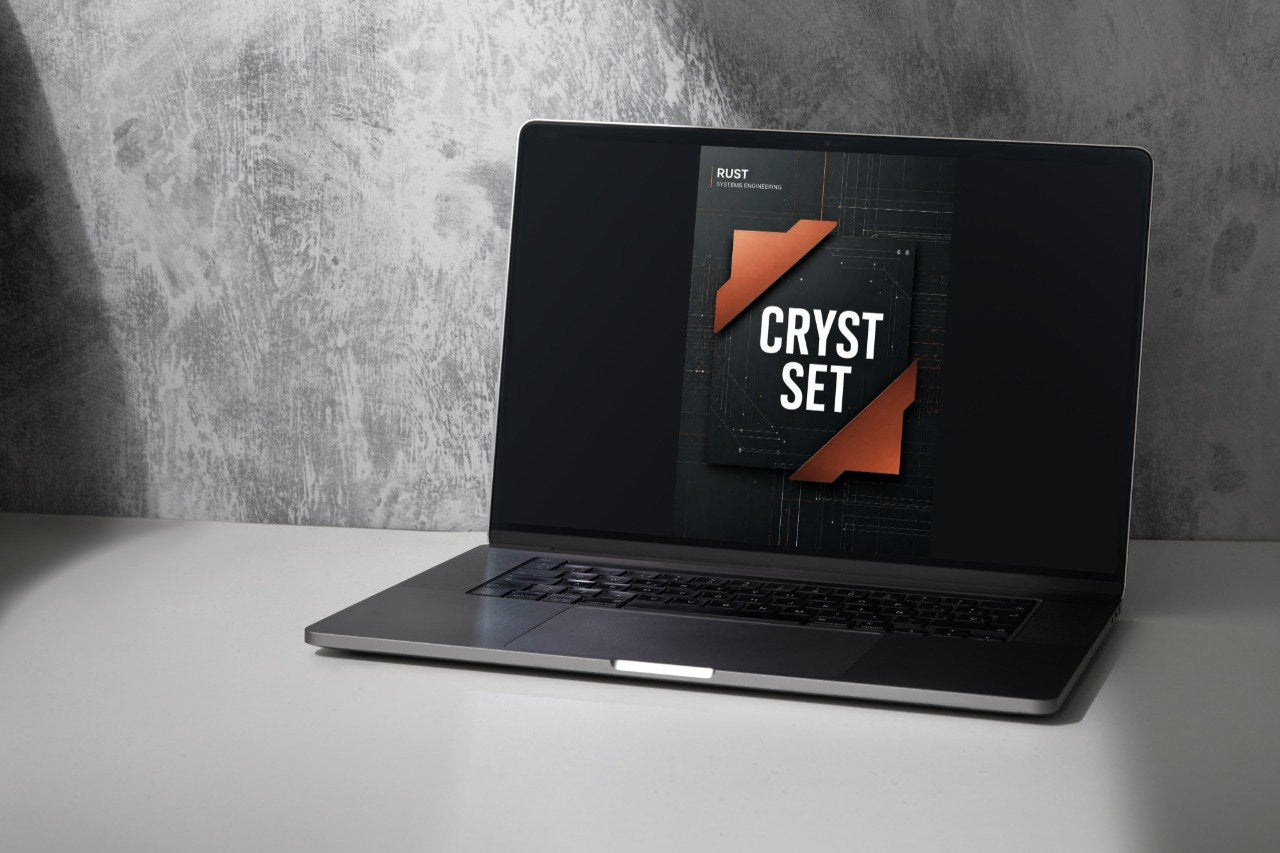 A dark gray laptop sits open on a white surface against a textured gray wall, displaying a software cover for 'Cryst Set' on its screen.