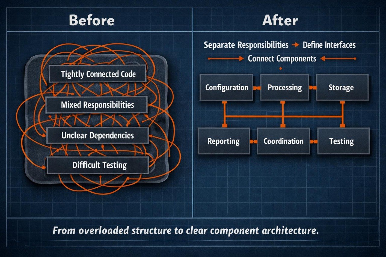 A digital infographic comparing software architecture before and after refactorization. The left 'Before' section shows tangled orange wires and stacked dark gray boxes labeled 'Tightly Connected Code', 'Mixed Responsibilities', 'Unclear Dependencies', and 'Difficult Testing'.