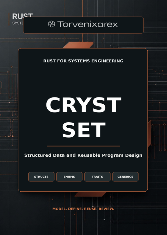A digital cover graphic for 'CRYST SET' by Torvenixcarex, featuring a dark charcoal background with orange circuit-like lines and white text. The central card reads 'CRYST SET' with smaller text below about 'Structured Data and Reusable Program Design' and categories including 'STRUCTS', 'ENUMS', 'TRAITS', and 'GENERICS'.