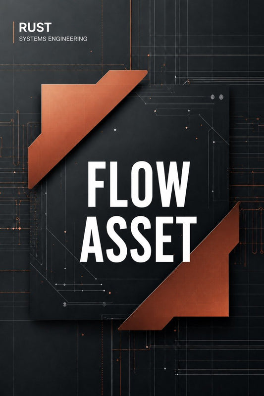 A digital cover graphic for 'Flow Asset' by Rust Systems Engineering, featuring bold white text on a dark slate background with metallic copper-colored geometric accents.