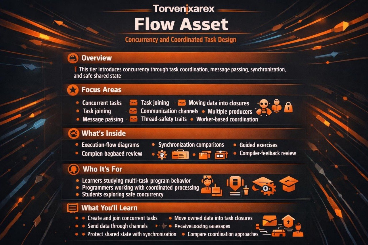 A dark digital infographic titled 'Torvenixarex Flowasset' with orange glowing abstract streaks and a central white text panel outlining topics like overview, focus areas, what's inside, who it's for, and what you'll learn, using small orange and white icons.