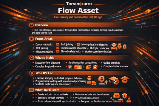 A dark digital infographic titled 'Torvenixarex Flowasset' with orange glowing abstract streaks and a central white text panel outlining topics like overview, focus areas, what's inside, who it's for, and what you'll learn, using small orange and white icons.