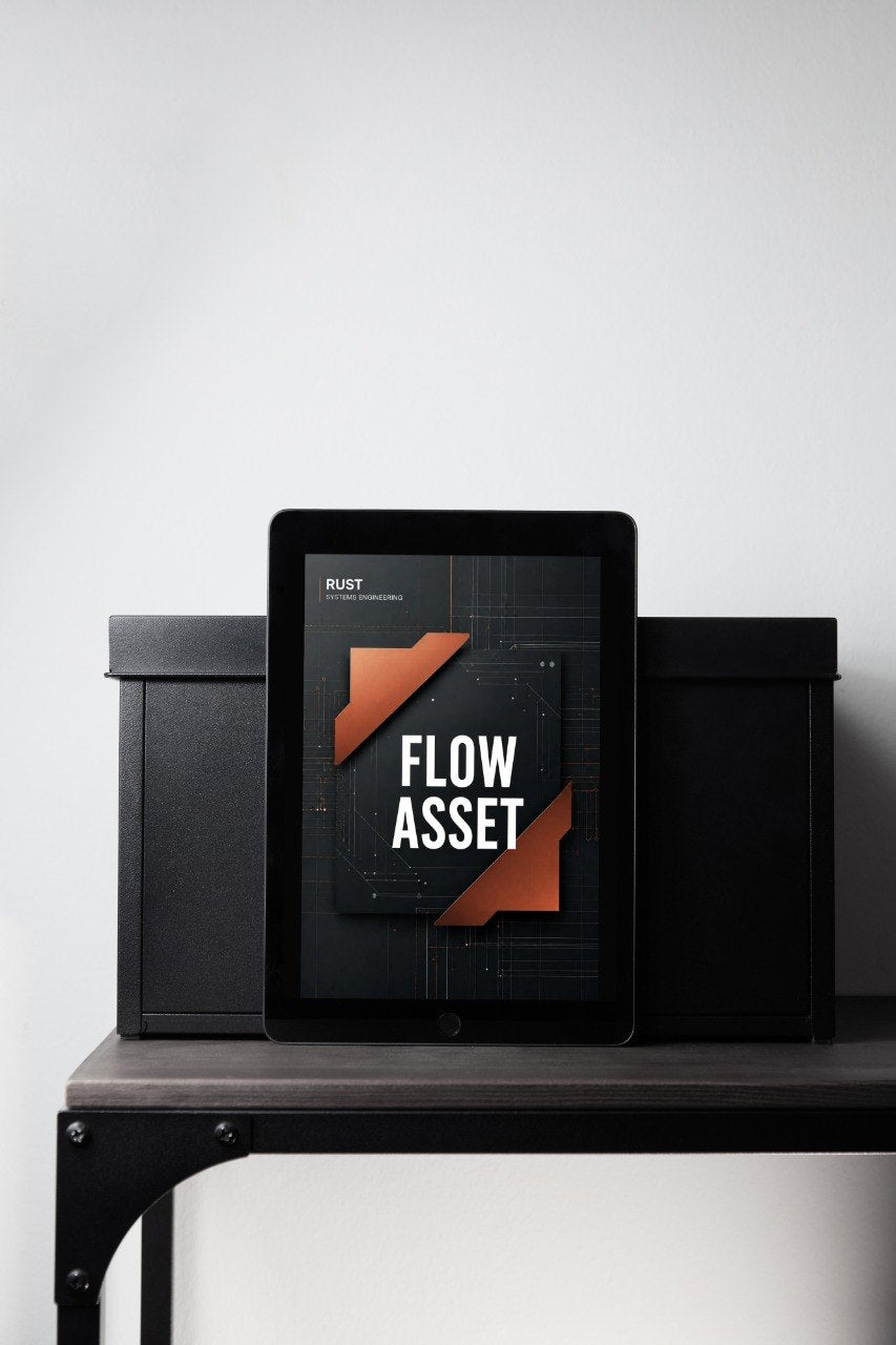 A tablet device displaying the 'Flow Asset' branding by RUST, styled on a dark tabletop between two black storage boxes against a light gray wall.