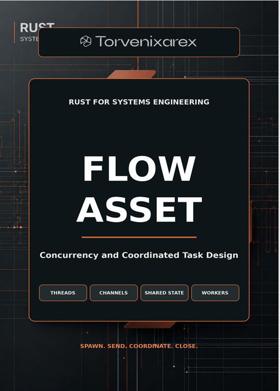 A digital cover graphic for a Rust for Systems Engineering course or module titled 'FLOW ASSET' by Torvenixarex. The design features a dark, high-tech background with circuit board lines, a large central black card with white text, and a top banner for 'RUST SYSTEMS'.