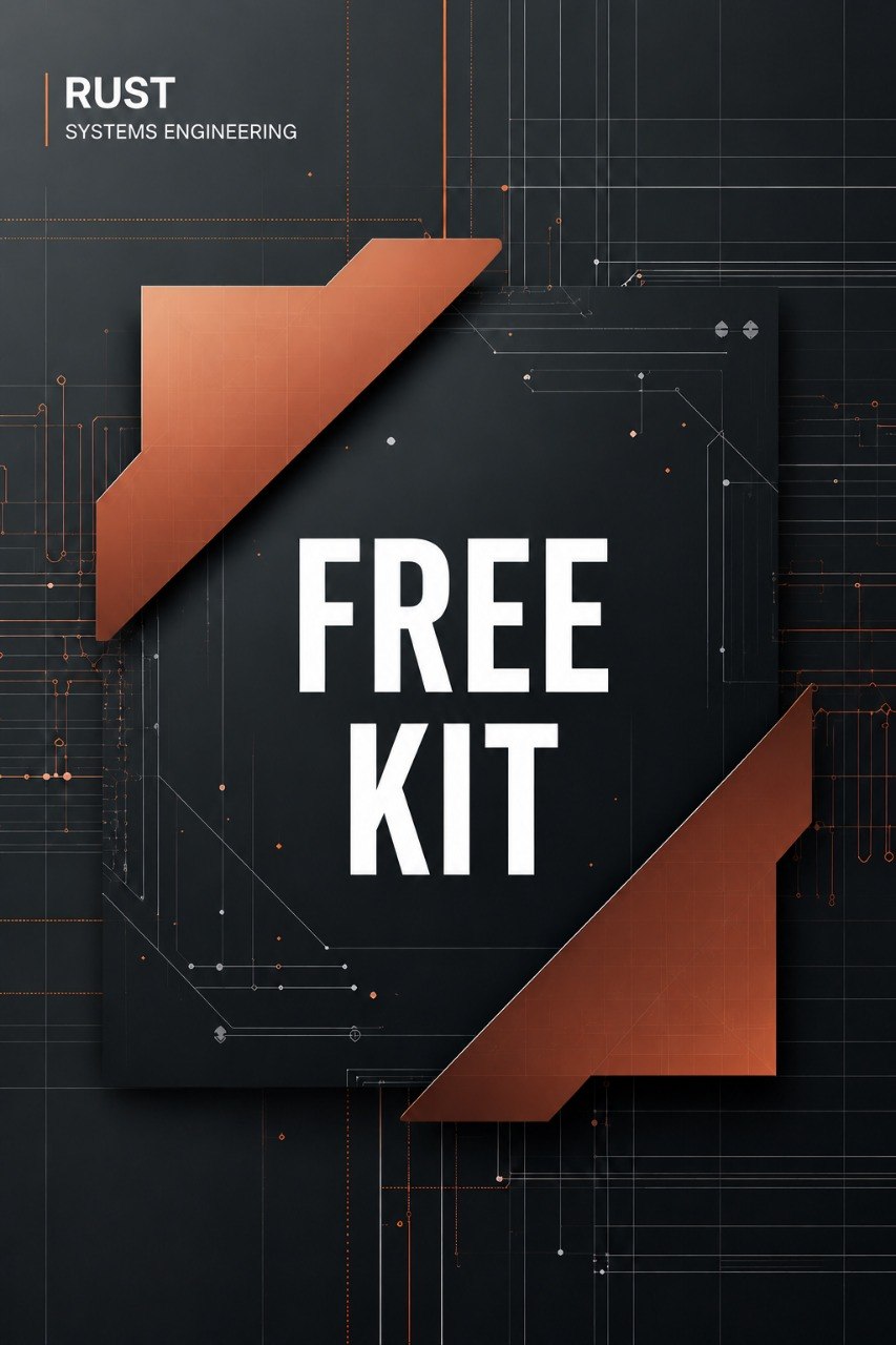 Promotional graphic for a 'Rust Systems Engineering' free kit, featuring a central black card with 'FREE KIT' in bold white text, accented by metallic copper-colored geometric shapes on a dark circuit-board background.