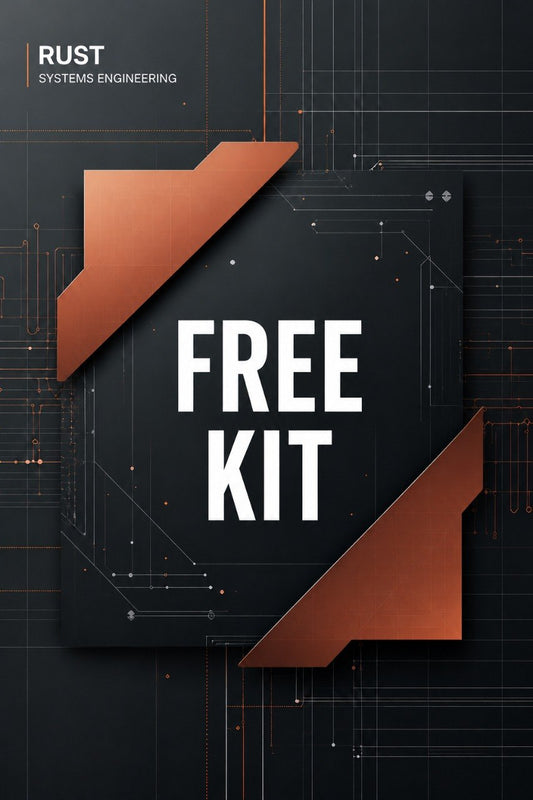 Promotional graphic for a 'Rust Systems Engineering' free kit, featuring a central black card with 'FREE KIT' in bold white text, accented by metallic copper-colored geometric shapes on a dark circuit-board background.