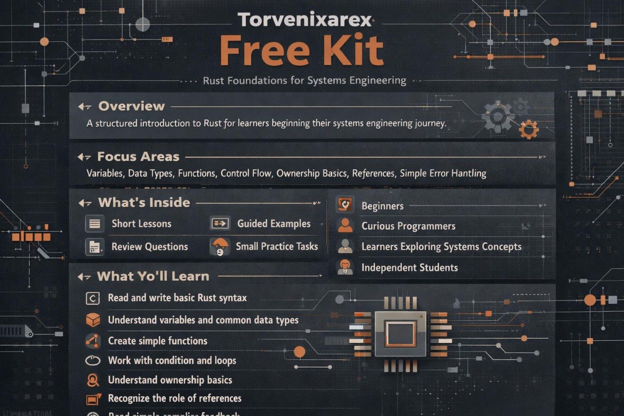Promotional graphic for the Torvenixarex Free Kit, a Rust Foundations for Systems Engineering curriculum resource. The design features a dark gray and black background with circuit board patterns, orange accents, and white text detailing the overview, focus areas, what's inside, and what students will learn.