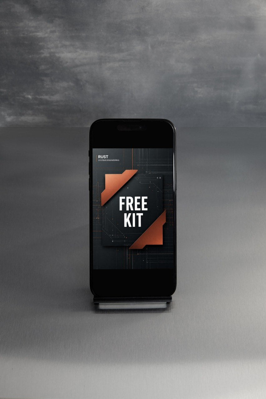 A black smartphone on a small display stand, showing a digital cover design with the words “FREE KIT” in white over orange and dark gray graphic elements. The phone is photographed against a textured gray studio background.