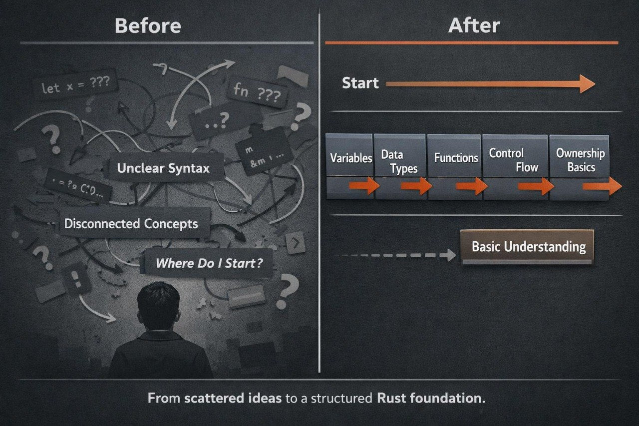 A before-and-after comparison graphic on a dark background. The left side, labeled 'Before', shows a person from behind looking at a cluttered mental diagram with arrows, question marks, and scattered words like 'Unclear Syntax' and 'Disconnected Concepts.