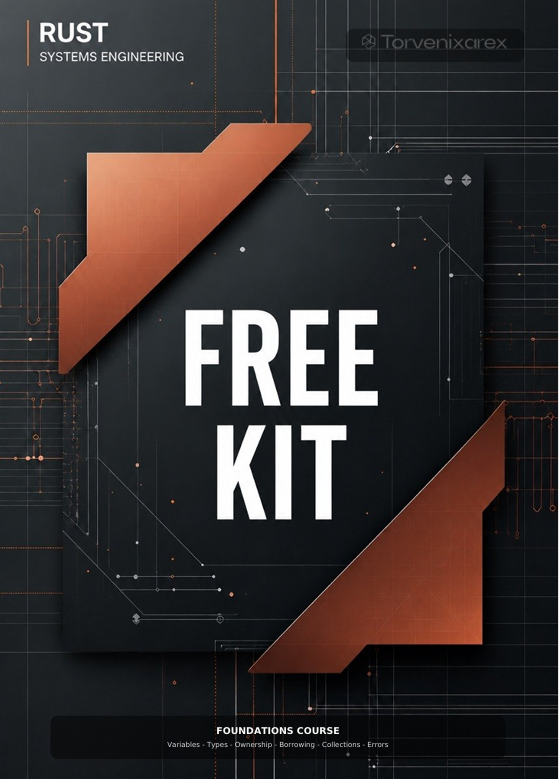 Promotional graphic for a Rust Systems Engineering course titled 'FREE KIT' with a dark technical background, circuit-like lines, and two copper-colored angled panels framing the text.