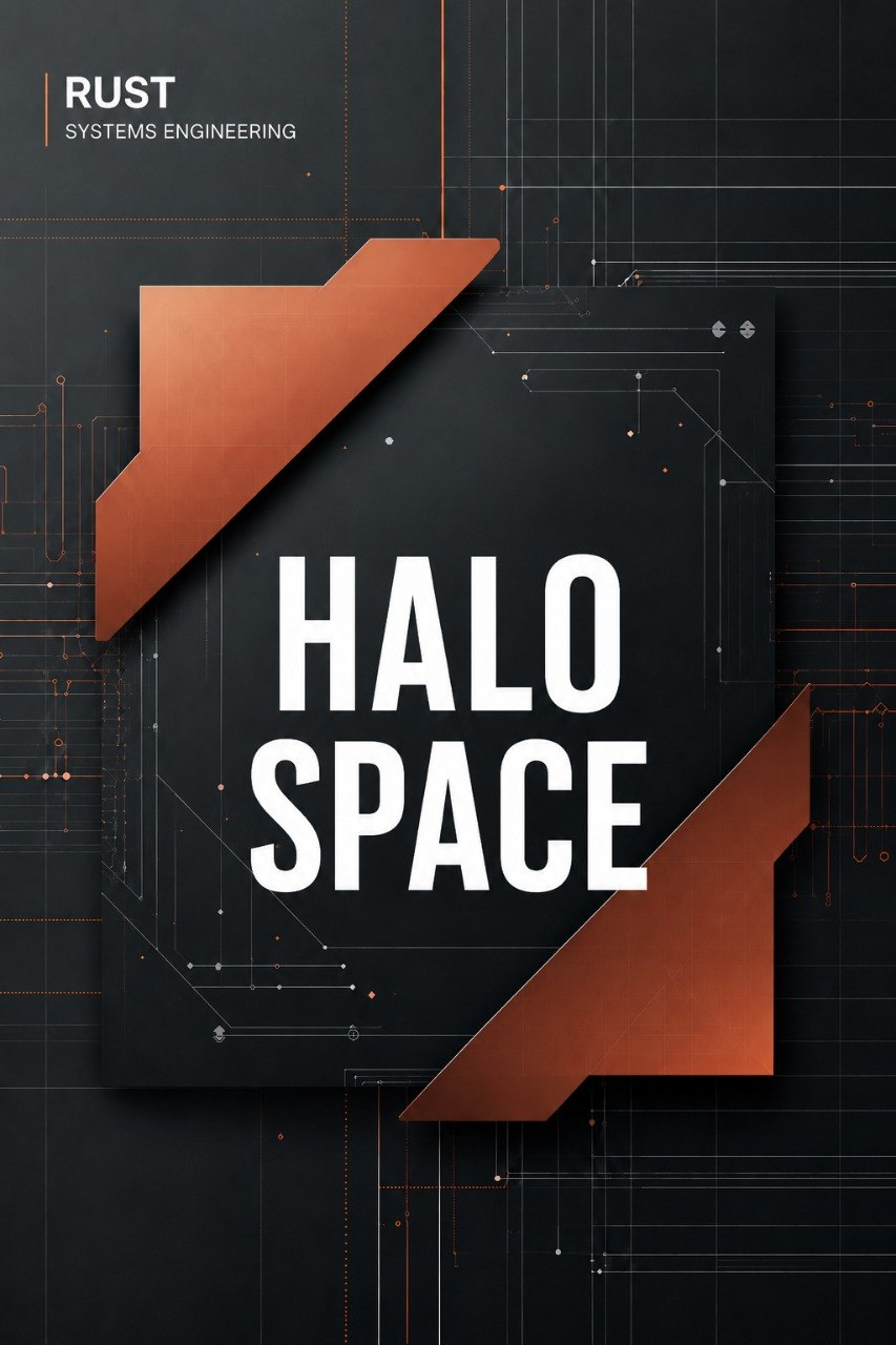 A digital cover design for 'HALO SPACE' by 'RUST SYSTEMS ENGINEERING', featuring bold white text on a dark panel with metallic copper-orange geometric accents, set against a dark technical blueprint background.