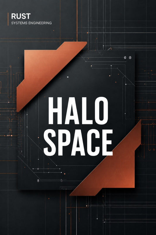 A digital cover design for 'HALO SPACE' by 'RUST SYSTEMS ENGINEERING', featuring bold white text on a dark panel with metallic copper-orange geometric accents, set against a dark technical blueprint background.