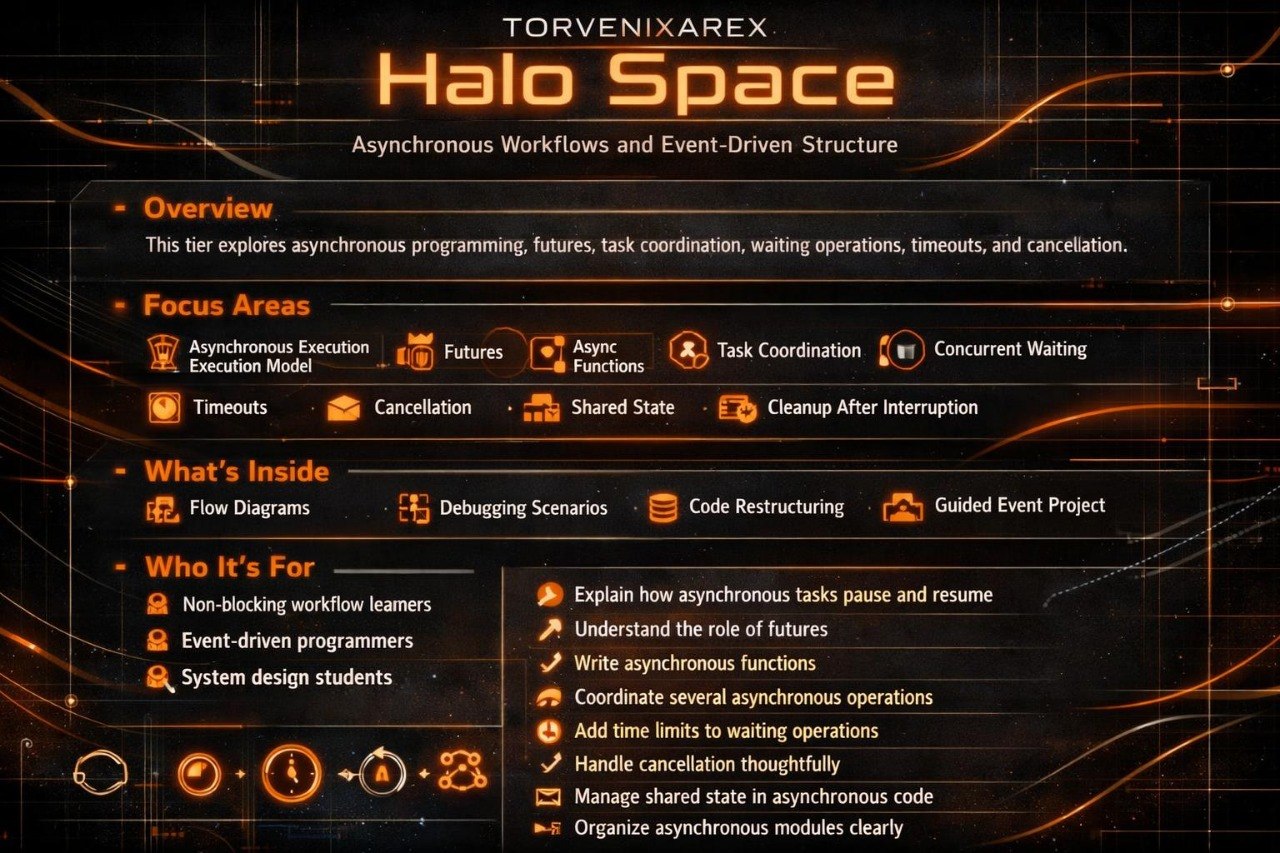 A digital cover or promotional graphic for a product titled 'TORVENIXAREX Halo Space', featuring a dark futuristic interface with glowing orange text and interface elements on a black background.