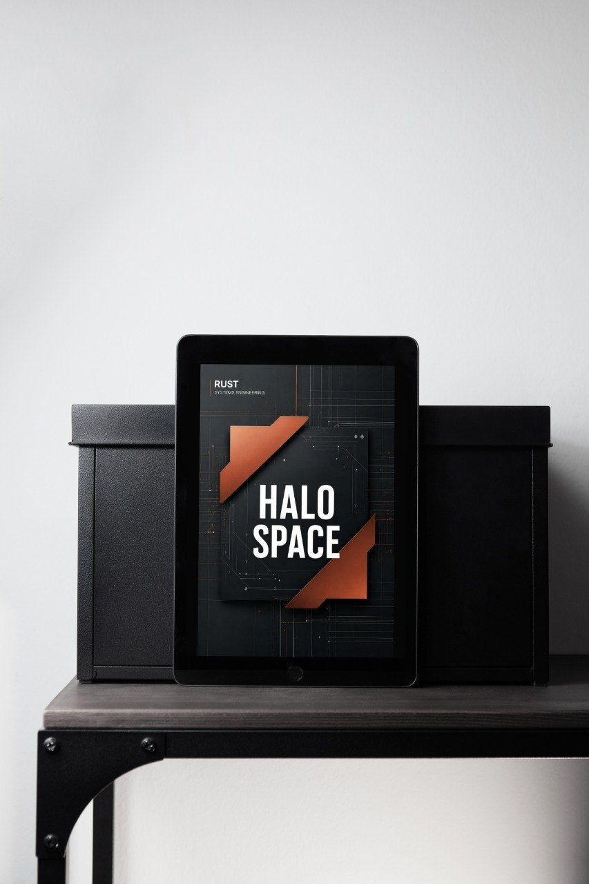 A tablet device displaying the 'RUST' game's 'HALO SPACE' cover art, styled on a dark tabletop between two black storage boxes against a light gray wall.