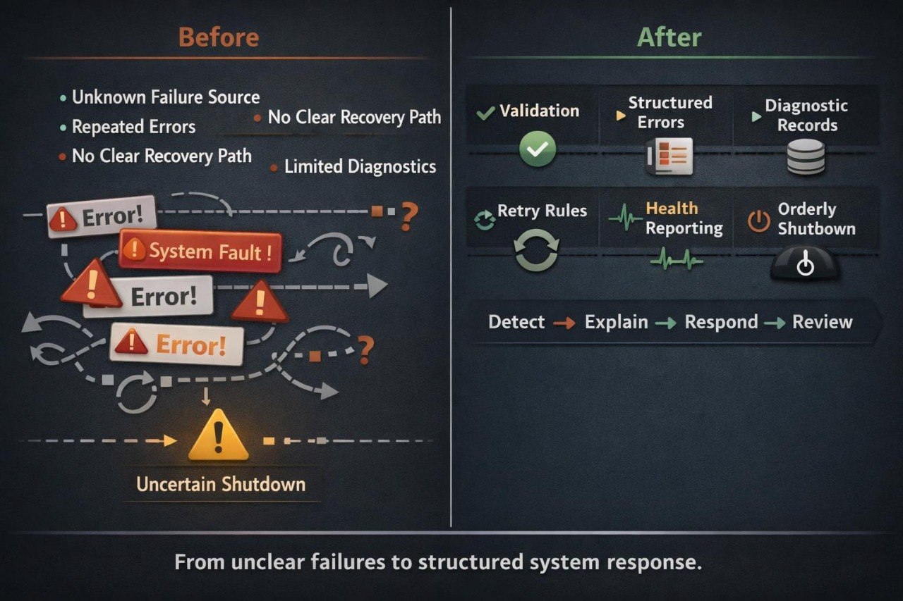 A dark promotional graphic comparing 'Before' and 'After' system failure handling. The left side shows chaotic error messages, arrows, and warning icons with the text 'Before' and 'Uncertain Shutdown.