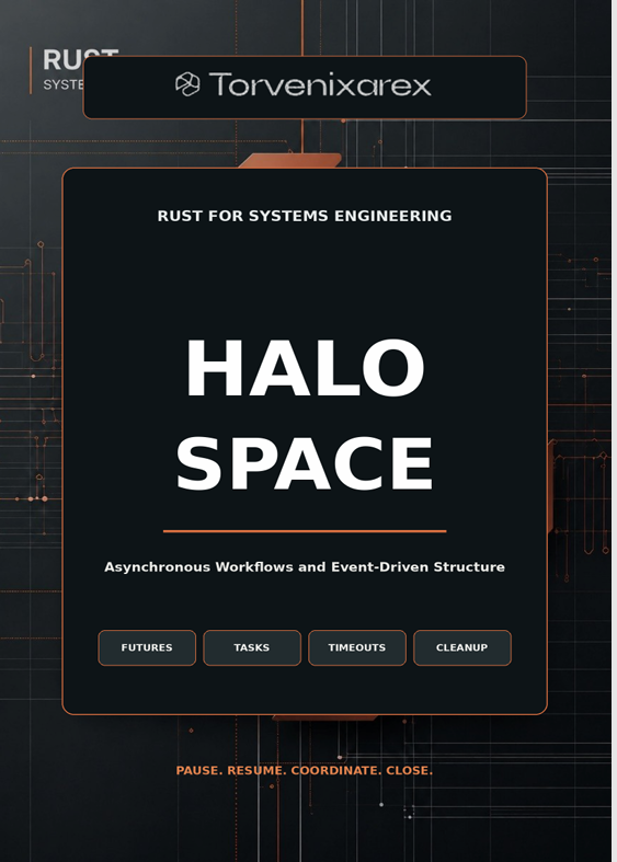 A digital cover graphic for a Rust for Systems Engineering course or project titled 'HALO SPACE' by Torvenixcarex, featuring a dark futuristic interface design with white text and orange accents.