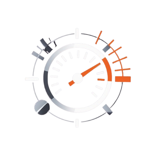A flat vector icon of a speedometer or gauge with a white face, gray circular ring, and orange needle and markings on a white background.