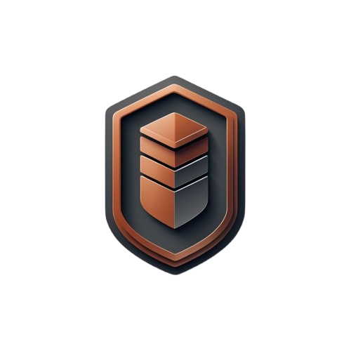 A stylized shield-shaped icon or badge with a layered 3D geometric emblem in metallic copper, dark gray, and black on a plain white background.