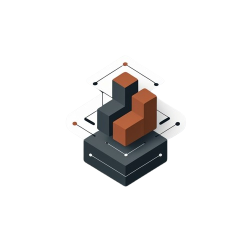 An isometric 3D bar chart icon featuring two brown bars on top of a dark gray base, with thin black lines and small orange dots extending outward, shown on a plain white background.