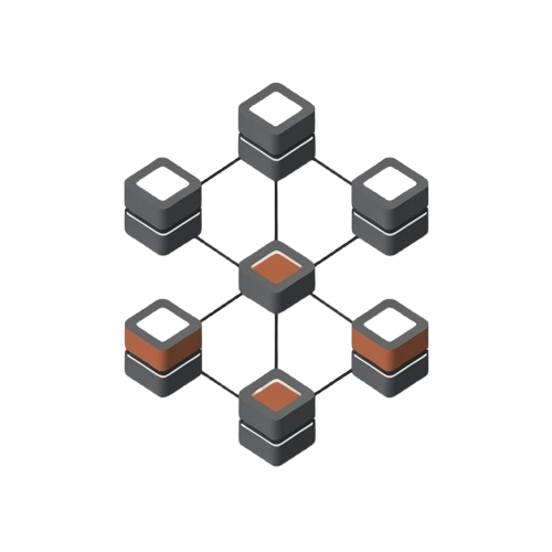 A stylized digital illustration of a connected network of gray rectangular blocks with white square centers, plus two blocks showing a copper-orange side, on a plain white background.