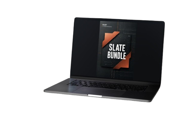 A dark gray laptop shown open at an angle on a plain white background, with the screen displaying a graphic that reads 'SLATE BUNDLE'.
