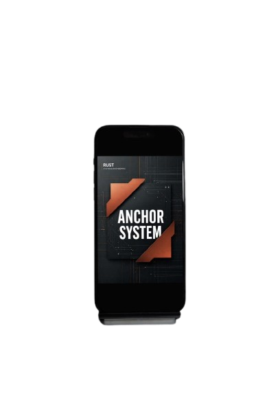 A black smartphone shown upright on a white background, displaying the Anchor System app interface on its screen.