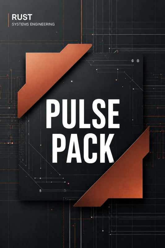 A digital cover graphic for a 'PULSE PACK' by RUST Systems Engineering, featuring bold white text on a dark gray panel with metallic copper-orange geometric corner accents, set against a dark technical blueprint background.