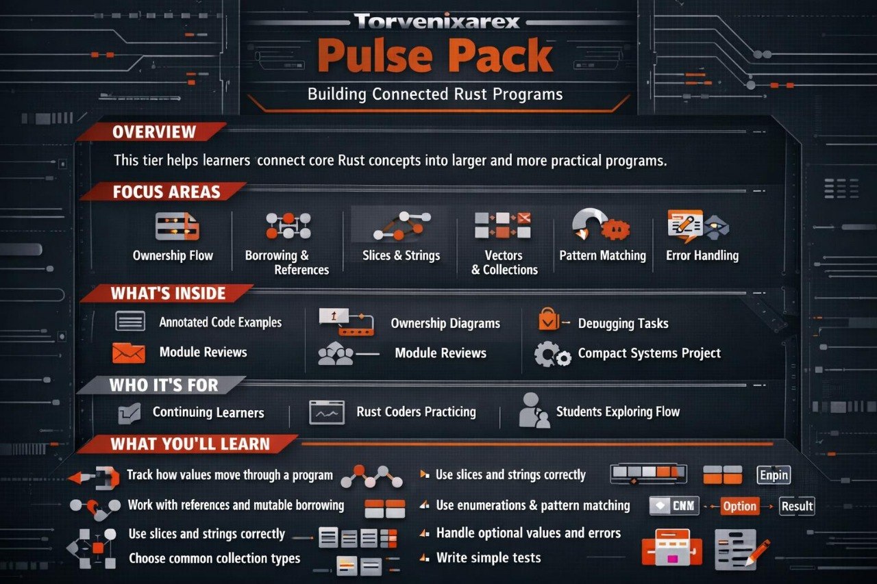 A digital promotional graphic for the 'Torvenixare Pulse Pack' featuring a dark, high-tech interface design with orange and white text detailing course modules, focus areas, and learning outcomes.