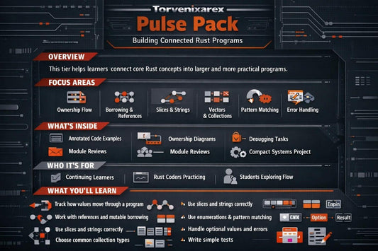 A digital promotional graphic for the 'Torvenixare Pulse Pack' featuring a dark, high-tech interface design with orange and white text detailing course modules, focus areas, and learning outcomes.