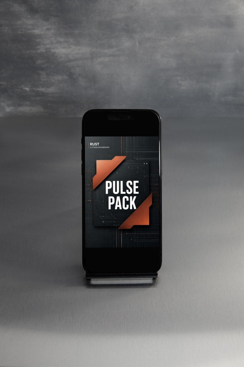 A smartphone on a small display stand showing the 'PULSE PACK' app cover, set against a dark gray textured studio background.