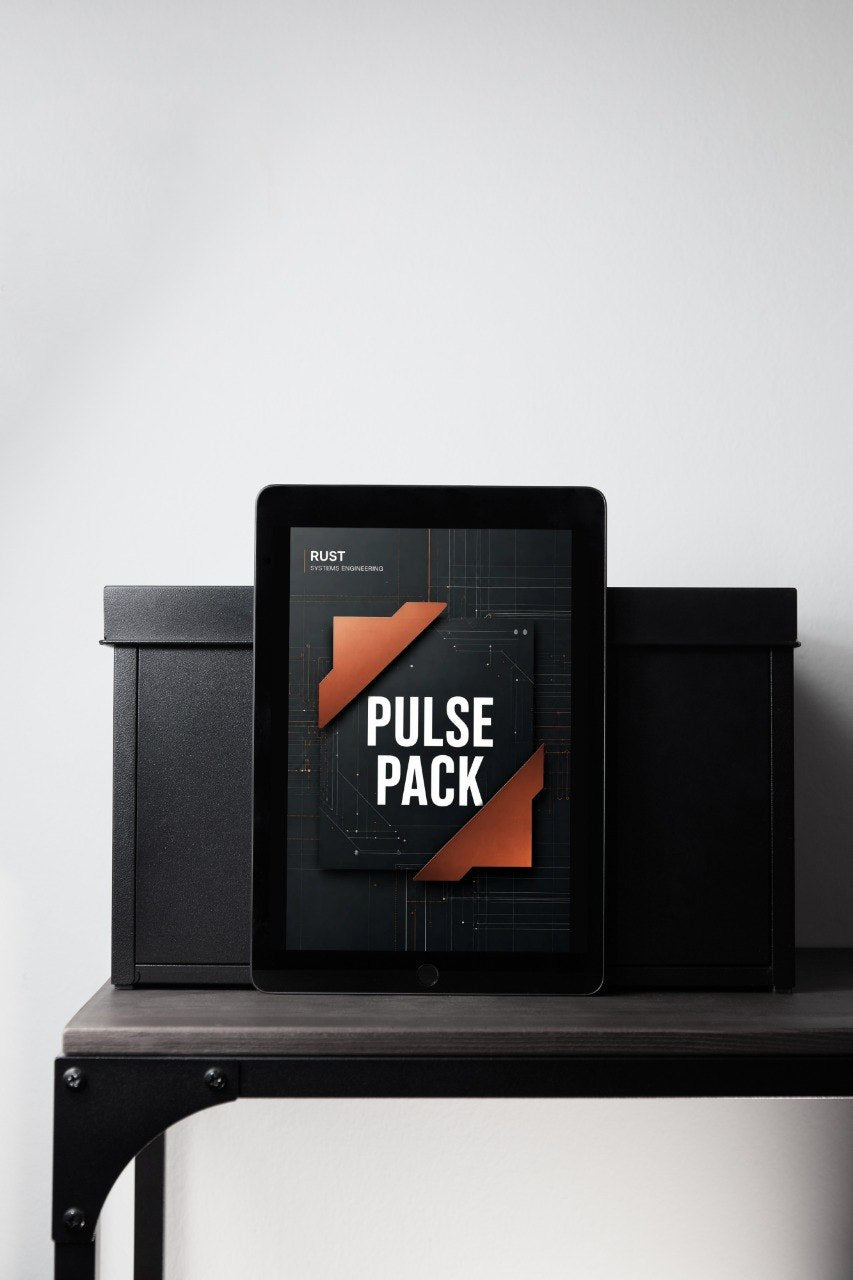 A tablet device displaying a graphic with the text 'PULSE PACK' and a small 'RUPT' logo, placed on a shelf between two black rectangular boxes against a light gray wall.