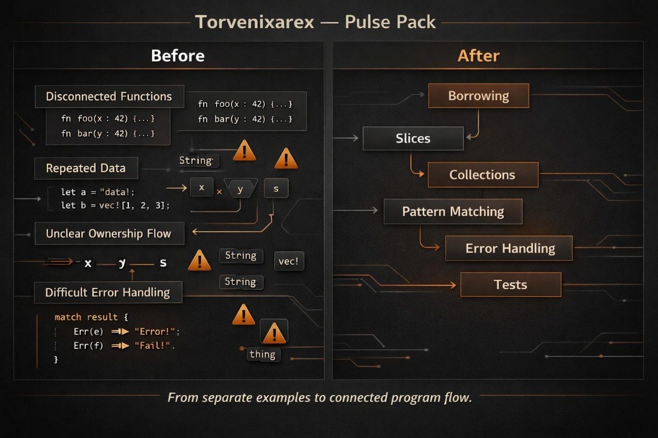 An educational flowchart titled 'Torvenixarex — Pulse Pack' on a dark background, comparing 'Before' and 'After' states with text boxes, arrows, and orange warning icons.