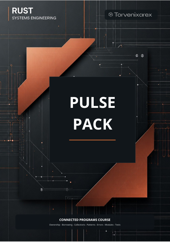 Promotional graphic for a 'PULSE PACK' connected programs course by Torvenixarex, featuring a dark central card with white text and metallic copper geometric shapes on a dark circuit-board background.